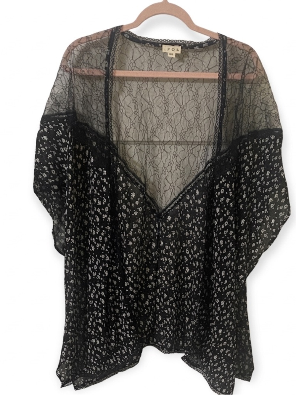 POL Black Floral & Sheer Lace Boho Kimono Duster - M/L